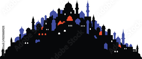 Cultural City Silhouette Vector Illustration, Abstract Architecture with Domes and Minarets, Urban Skyline with Modern Flat Design and Vibrant Accent Colors.