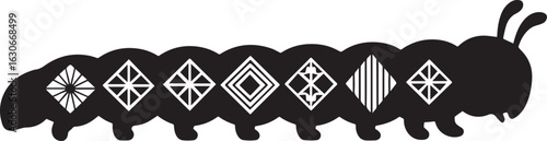 Black caterpillar with geometric patterns insect white