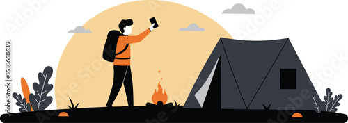 Digital Nomad Lifestyle Vector Illustration, Traveler Taking a Selfie While Camping, Remote Work and Social Media in the Outdoors, Modern Flat Design Graphic.