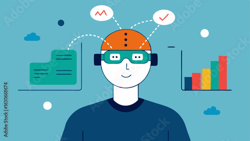 Data Collection A person in a lab setting wearing a brainwave device as graphs and data points appear above them showcasing the data collection process for cognitive enhancement.