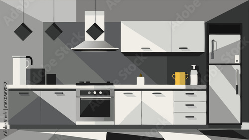 A kitchen with a colorblocked backsplash featuring shades of white grey and black adding a modern and edgy touch to the space.