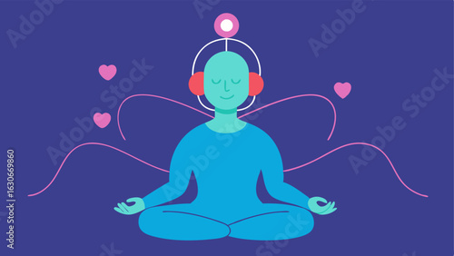 Connection to Self A person in a meditative pose wearing a headset with soft pulsing lines connecting the headset to luminous heart and brain icons symbolizing selfconnection.