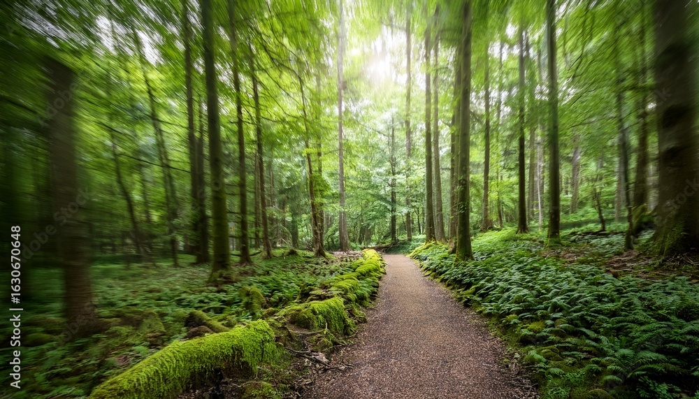 Obraz premium serene blurred pathway through a lush green forest