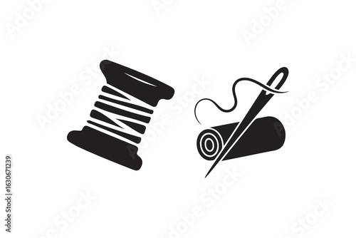 Simple black and white sewing thread and needle icons.This image features two basic, black silhouette icons: a spool of thread and a needle with thread.
