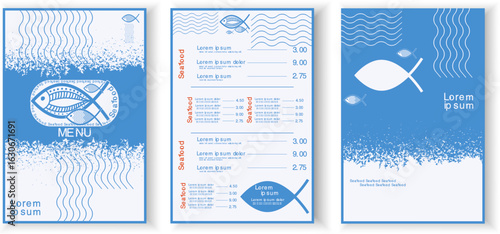 Fish, seafood menu template, ocean sea fish restaurant card background front and back sheet design