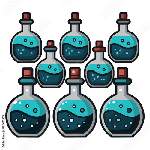 Set of magical blue potion bottles with bubbles cartoon vector illustration