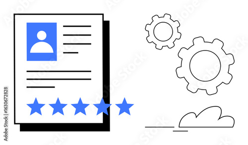 Document with user profile, star ratings, gears, and cloud element. Ideal for performance review, recruitment, project planning, workflow improvement, analytics teamwork simple landing page