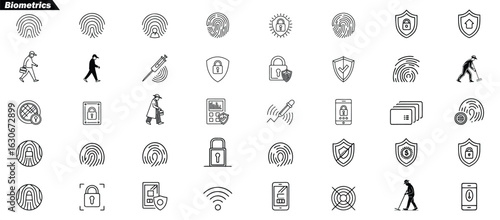 Biometrics security icons including fingerprints and locks shield