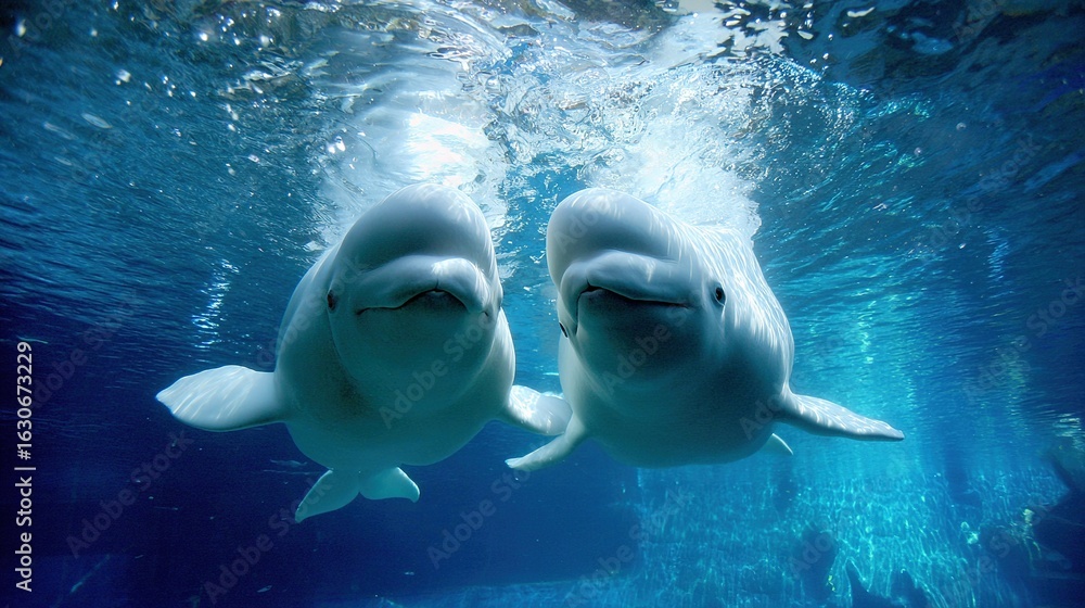 Fototapeta premium Dolphins swim in sunlit water, bubbles glinting