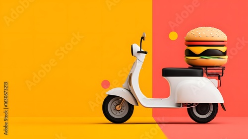 Detailed Digital Illustration of a Modern Fast Food Delivery Service Featuring a Sleek Scooter and Distinctive Burger Icon Emphasizing Dynamic Online Ordering and Efficient Distribution
