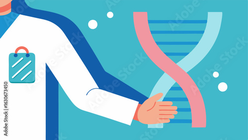 DNA Helix Overlay A closeup view of a patients arm with a DNA helix graphic overlay symbolizing genetic analysis as the doctor points at the screen.