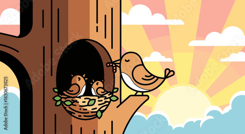 Bird Family Nesting In Tree Hollow Under Sunlight Illustration