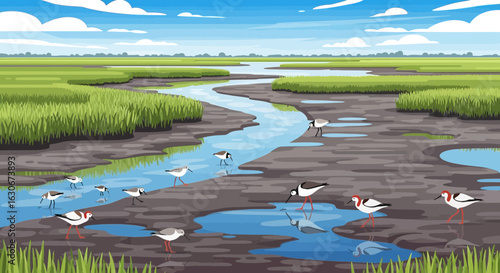 Scenic Marshland With Shorebirds Foraging In Shallow Waters Illustration