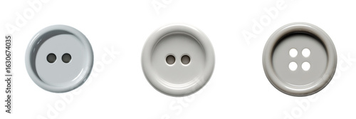 Set of round sewing buttons with multiple hole styles, isolated on a transparent background.