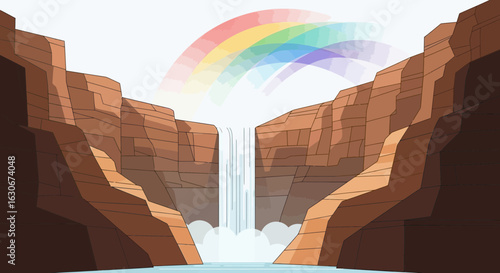 Cartoon Landscape Waterfall With Rainbow In The Canyon Scenery