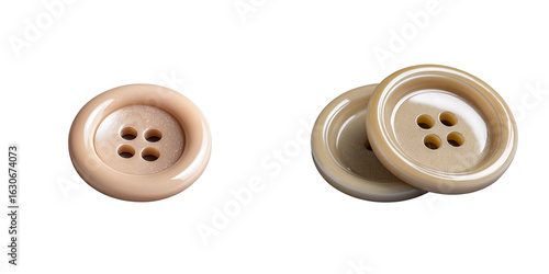 Set of round sewing buttons with multiple hole styles, isolated on a transparent background.