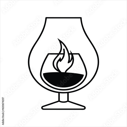Flaming Cognac Glass Black Line Icon Illustration