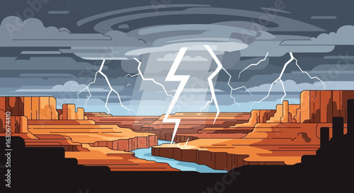 Grand Canyon Under Lightning Storm With River Landscape