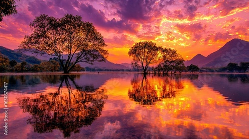 Wallpaper Mural   A stunning sunset at a serene lake, with towering trees framing the picture and majestic mountains in the background, mirrored in the tranquil waters Torontodigital.ca