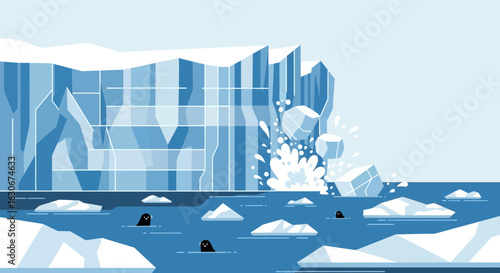 Arctic Landscape With Icebergs Calving And Seals Swimming In The Water
