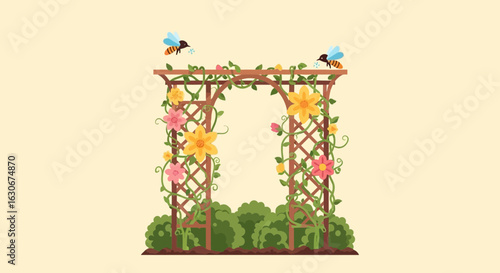 Blooming Arbor With Flying Bees In Spring Garden Illustration