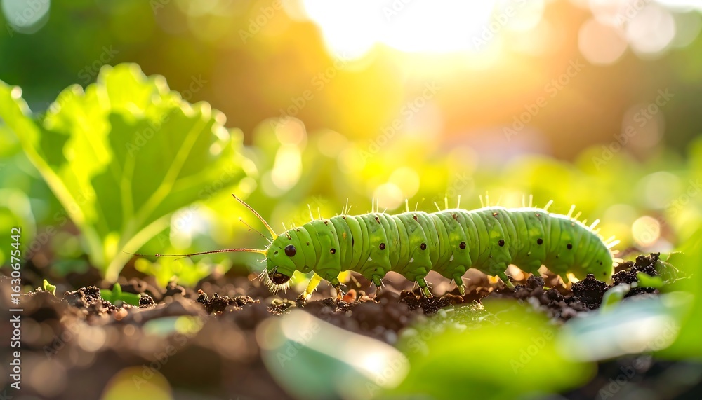 Fototapeta premium Green caterpillar on soil with leaves