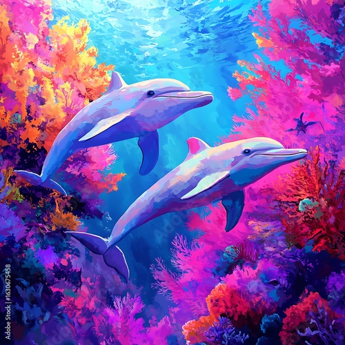 Vibrant Coral Reef with Swimming Dolphins