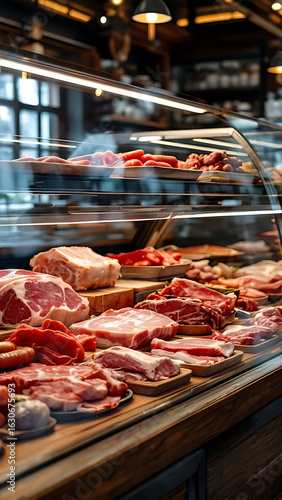 Meat Display Case
. Variety of Meat Products. Butcher Shop Showcase
