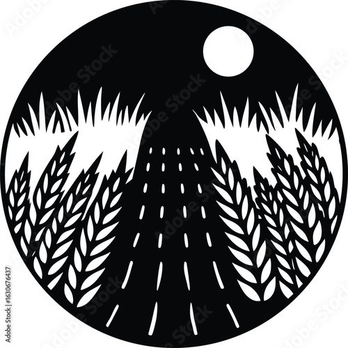 Golden path through wheat field glowing softly in evening sunshine Vector illustration
