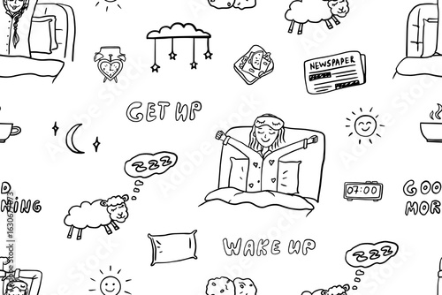 Cute seamless pattern of wake up theme. Good morning, get up, sun, alarm clock, cup of coffee, breakfast, the girl woke up, breakfast. Hand drawn