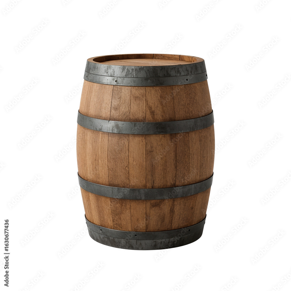 Fototapeta premium Wooden barrel with metal bands for storage and aging beverages 