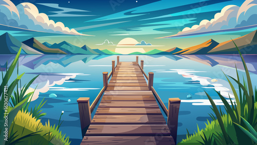 A wooden pier stretches into calm, glassy water. Reflections shimmer below drifting clouds. Grassy banks frame the peaceful lake. Sunlight sparkles gently across surface, inviting solitude, beauty, an