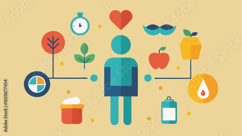 Balanced Lifestyle Elements An illustration representing the combination of healthy lifestyle elements like water nutrition and exercise alongside cellular regeneration icons