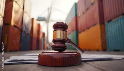 Wooden gavel rests on legal document with stacked shipping containers in background. Maritime law, international trade disputes, cargo regulations