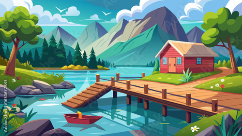 A wooden pier stretches into calm, glassy water. Reflections shimmer below drifting clouds. Grassy banks frame the peaceful lake. Sunlight sparkles gently across surface, inviting solitude, beauty, an
