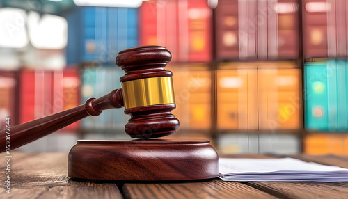 Wooden gavel rests on legal document with stacked shipping containers in background. Maritime law, international trade disputes, cargo regulations