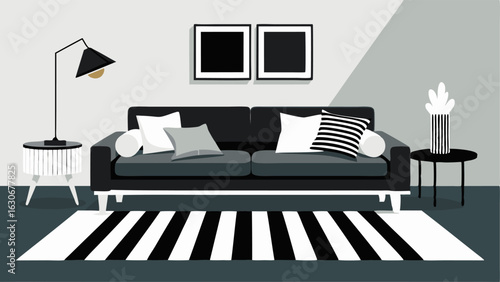 A living room with a white rug a black velvet sectional and a mix of black and white graphic throw pillows.
