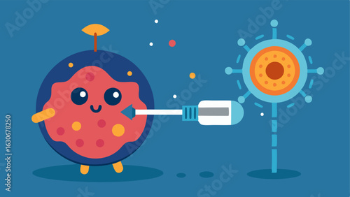 Cell Repair Action An illustration of a nanobot injecting a healing compound into a damaged cell with visual effects showing the healing process and restoration of the cell