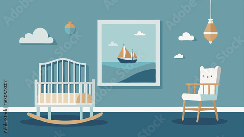 A minimalist nursery with a wooden crib a white rocking chair and coastalthemed nursery prints on the wall.