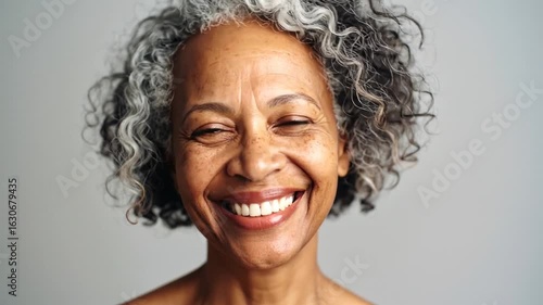 Portrait of an older woman with curly gray hair, smiling broadly, eyes closed, revealing teeth. Bare shoulders. Light gray background