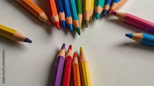 Colorful pencils on white wooden background. Selective focus.
