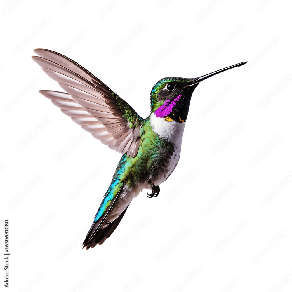 Fototapeta premium Costas hummingbird in flight isolated on transparent background, wings spread wide