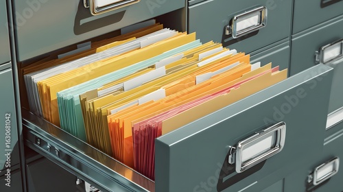 Open filing cabinet drawer filled with multicolored files and folders in an office setting.