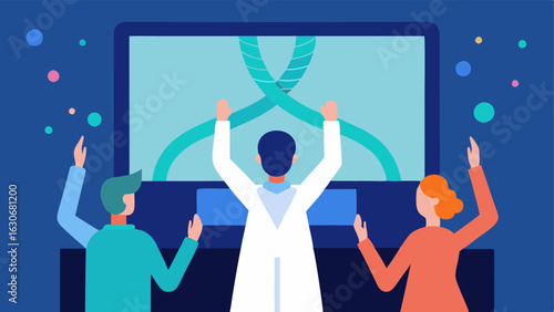 Celebrating Success A group of scientists highfiving or celebrating in front of a large screen that displays a major breakthrough in gene editing technology symbolizing hope for