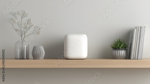 Wallpaper Mural Minimalist shelf arrangement featuring plants, vases, books, and a smooth white cube object. Torontodigital.ca