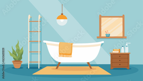 An airy and bright bathroom with a simple white clawfoot bathtub a wooden ladder towel rack and a hanging woven basket for storage.