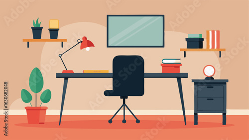 A minimalist workspace with a large black desk and a sleek ergonomic chair.