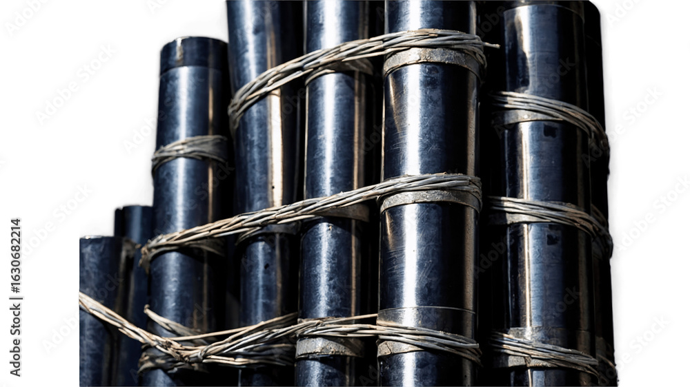 Naklejka premium Stacked bamboo tubes tied with natural rope ready for traditional crafts and decoration in a workshop