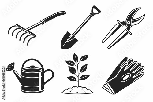 Gardening Tools and Plant Icon Set.