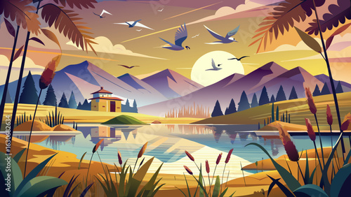 Birds glide above the mirror-like lake. Reeds sway softly beside the quiet pier. Mountains sleep beyond the trees. Warm morning light hugs the landscape with golden, tranquil, timeless charm.
